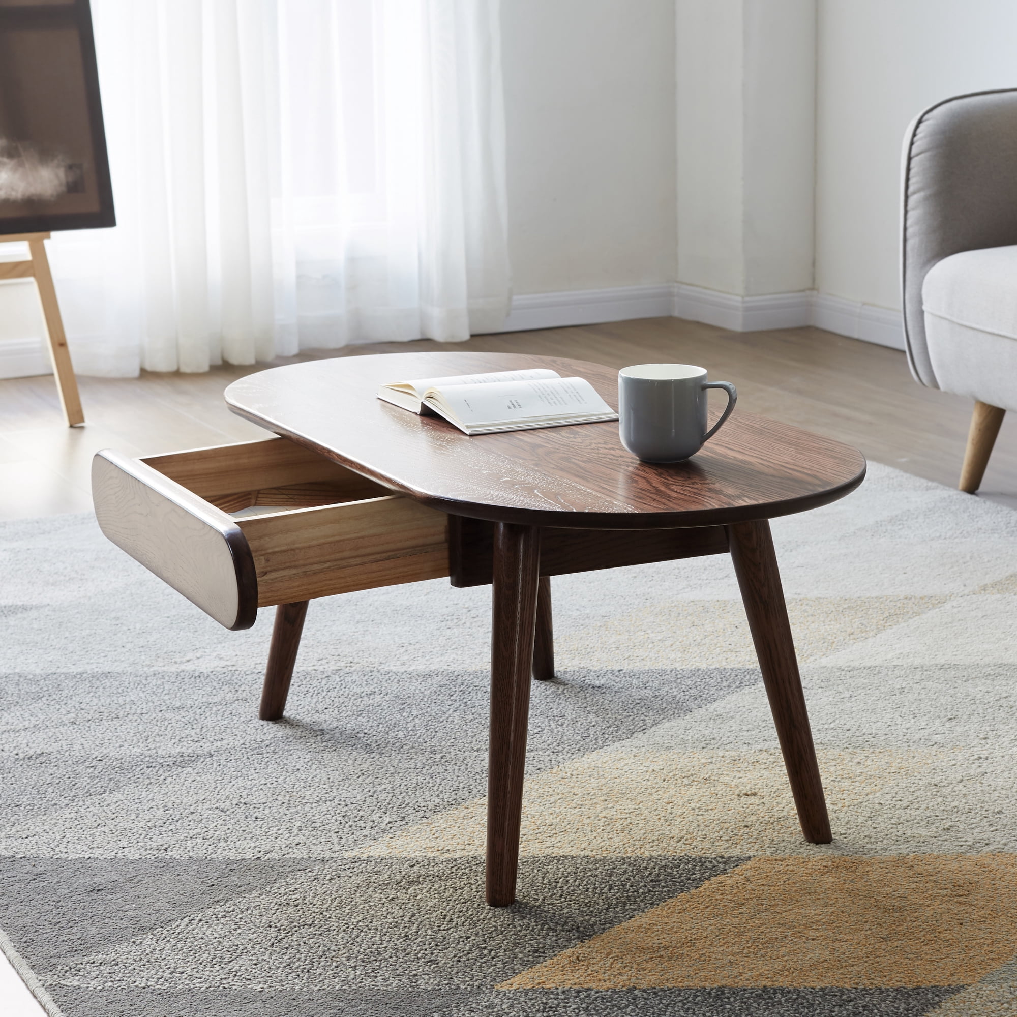 MAYEERTY Capsule Solid Oak Coffee Table with Storage Drawers – Modern Oval Center Table for Living Room & Home Office
