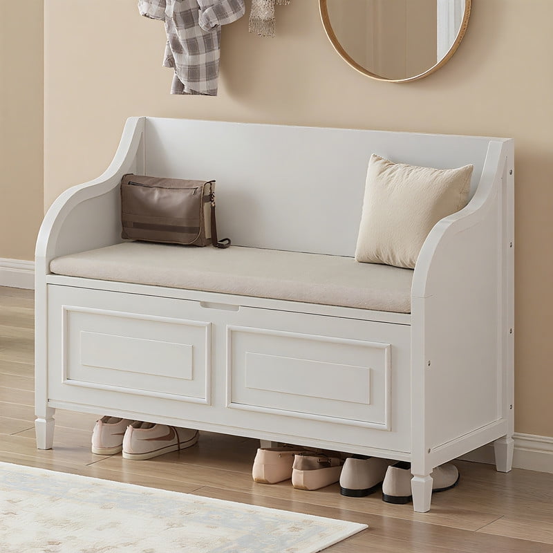 Bellemave Shoe Storage Bench Entryway, Rustic Wooden Shoe Cabinets with Lift Top Storage, Shoe Organizer with with Hidden Storage Space and Removable Cushion for Living Room Hallways(White)