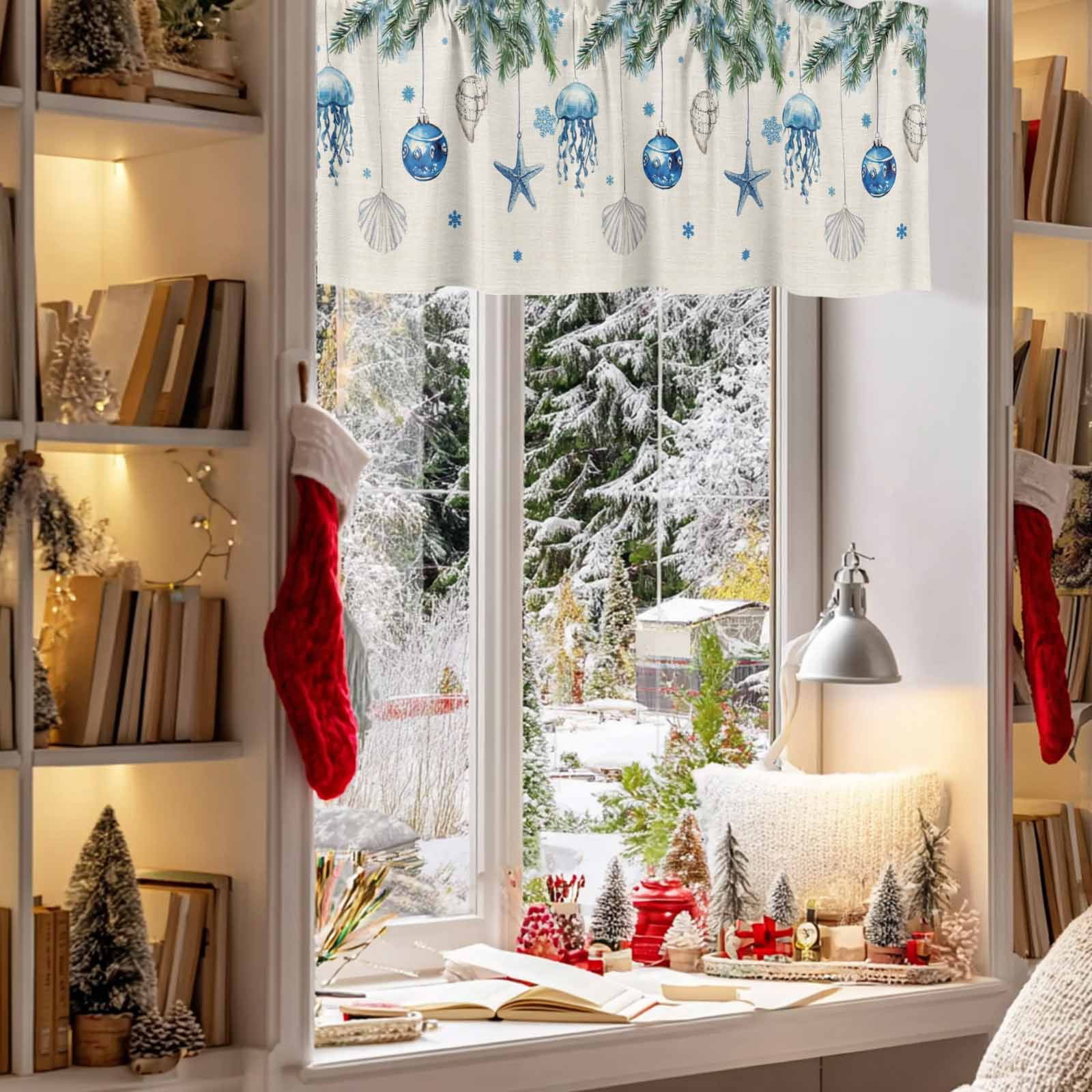 Christmas Bell Starfish Shells Pine Needles Valances for Windows,Kitchen Valance Rod Pocket Short Curtain,Xmas Snowflakes Retro Linen Valance Curtain Window Valances for Bedroom 54x18in