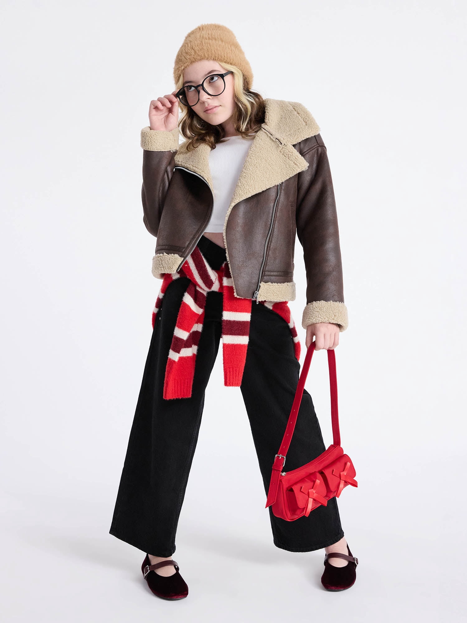 Weekend Academy Girls Faux Leather Biker Jacket with Faux Shearling Trim, Sizes 4-18