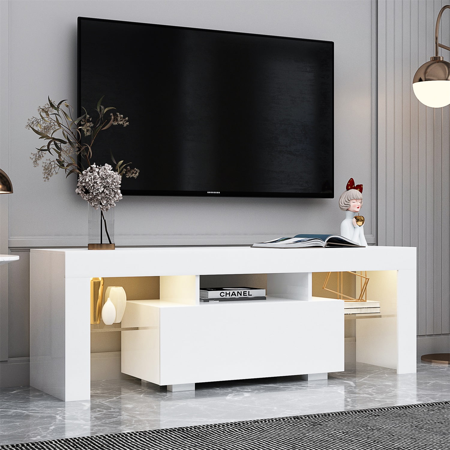 Kadyn Entertainment Center TV Stand, MDF TV Console with LED Light, Modern High-Gloss TV Cabinet for TVs up to 55", White Kadyn Entertainment Center TV Stand, MDF TV Console with LED Light, Modern High-Gloss TV Cabinet for TVs up to 55", White