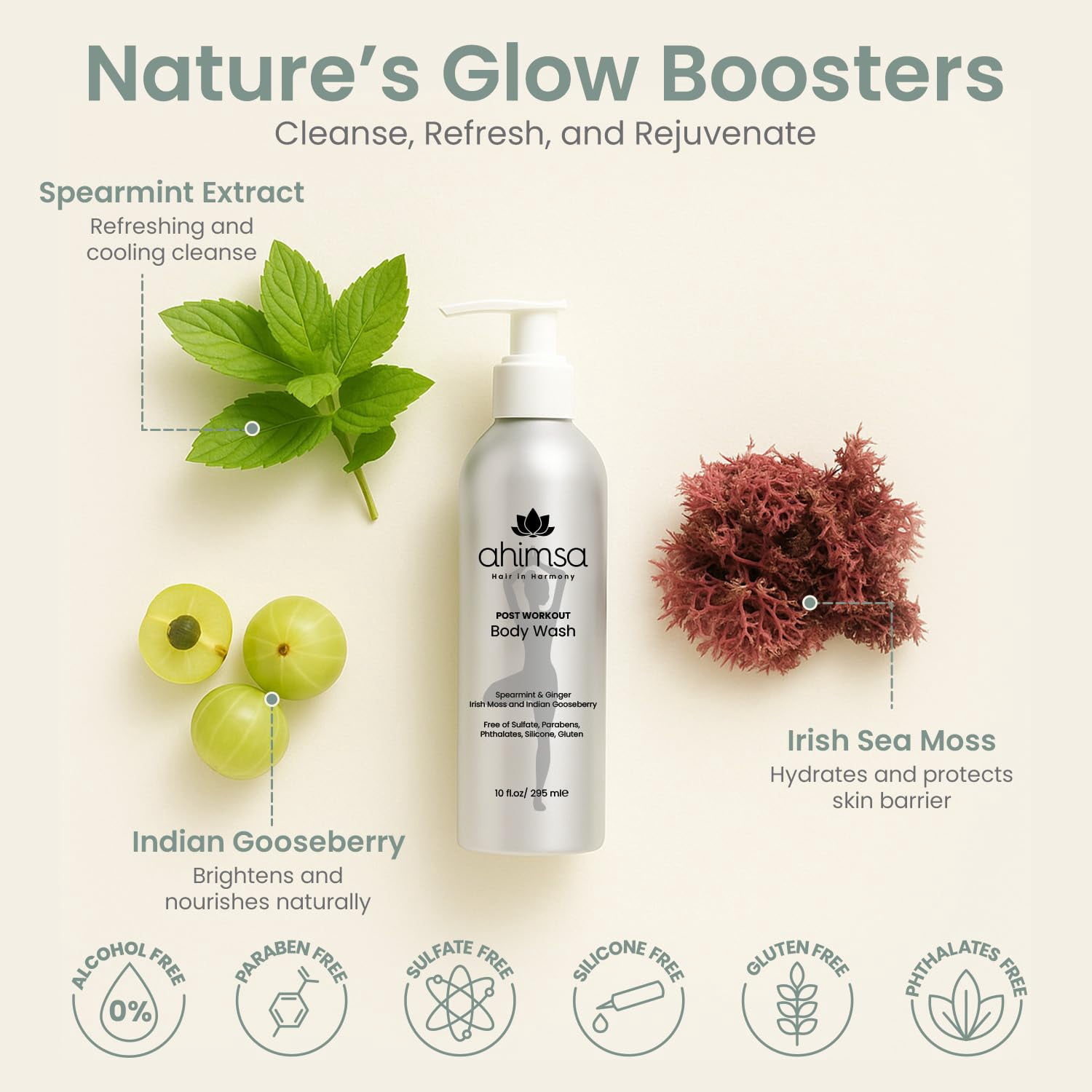 Ahimsa Gentle Body Wash, Spearmint & Ginger, Vegan, Natural Ingredients