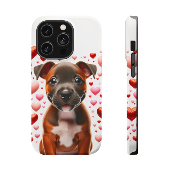 DistinctInk MagSafe Tough Case for Apple iPhone 14 Pro Max (6.7" Screen) - Valentine's Day Staffordshire Bull Terrier Puppy - Lightweight Grip