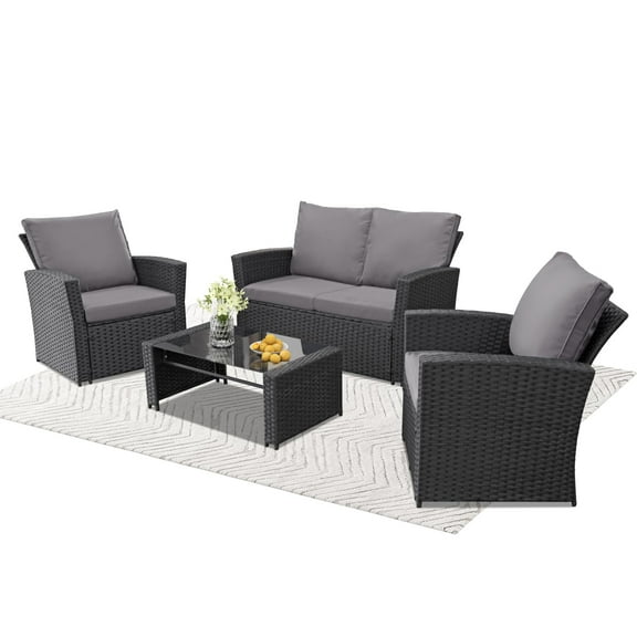4 Piece Outdoor Patio Furniture Set,Wicker Conversation Sets Outdoor Sectional Patio Sofa Couch with Cushions & Coffee Table for Outside, Garden, Balcony, Porch,Black/Grey