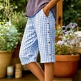 thumbnail image 2 of jjayotai Women's Casual Summer Bermuda Shorts Plaid Elastic Waist Shorts Button Deco Knee Length Long Shorts with Pockets, 2 of 6
