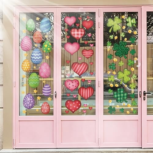 Colorful Spring Holiday Window Cling Decorations Set - Large Shamrock, Easter Egg, and Heart Stickers for Glass Doors, Bathroom, Office, and Home Party Supplies