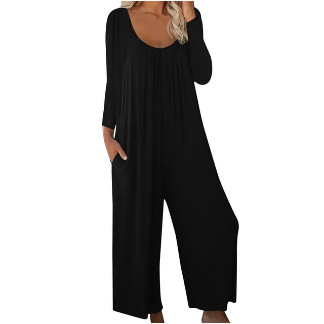 AherBiu Long Sleeve Jumpsuits for Women Round Neck Straight Leg Loose Casual Pants Rompers Overalls