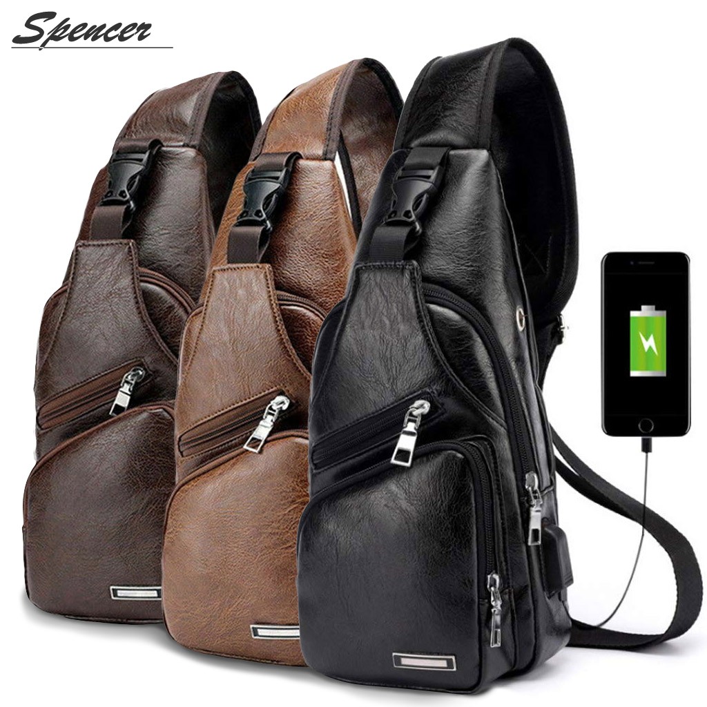 Spencer Men's Leather Sling Bag Anti Theft Chest Shoulder Bag Water Resistant Crossbody Backpack Unbalance Daypack with USB Charging Port for Travel Hiking (13.8" x 6.7" x 2.4",Dark Brown) - image 1 of 5