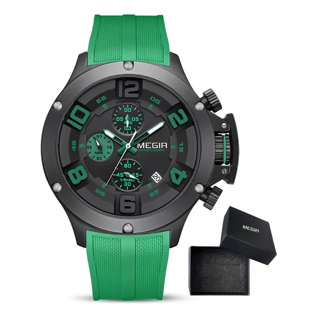 Reloj Deportivo Megir Chronograph Calendar Luminous Color De La Correa Verde