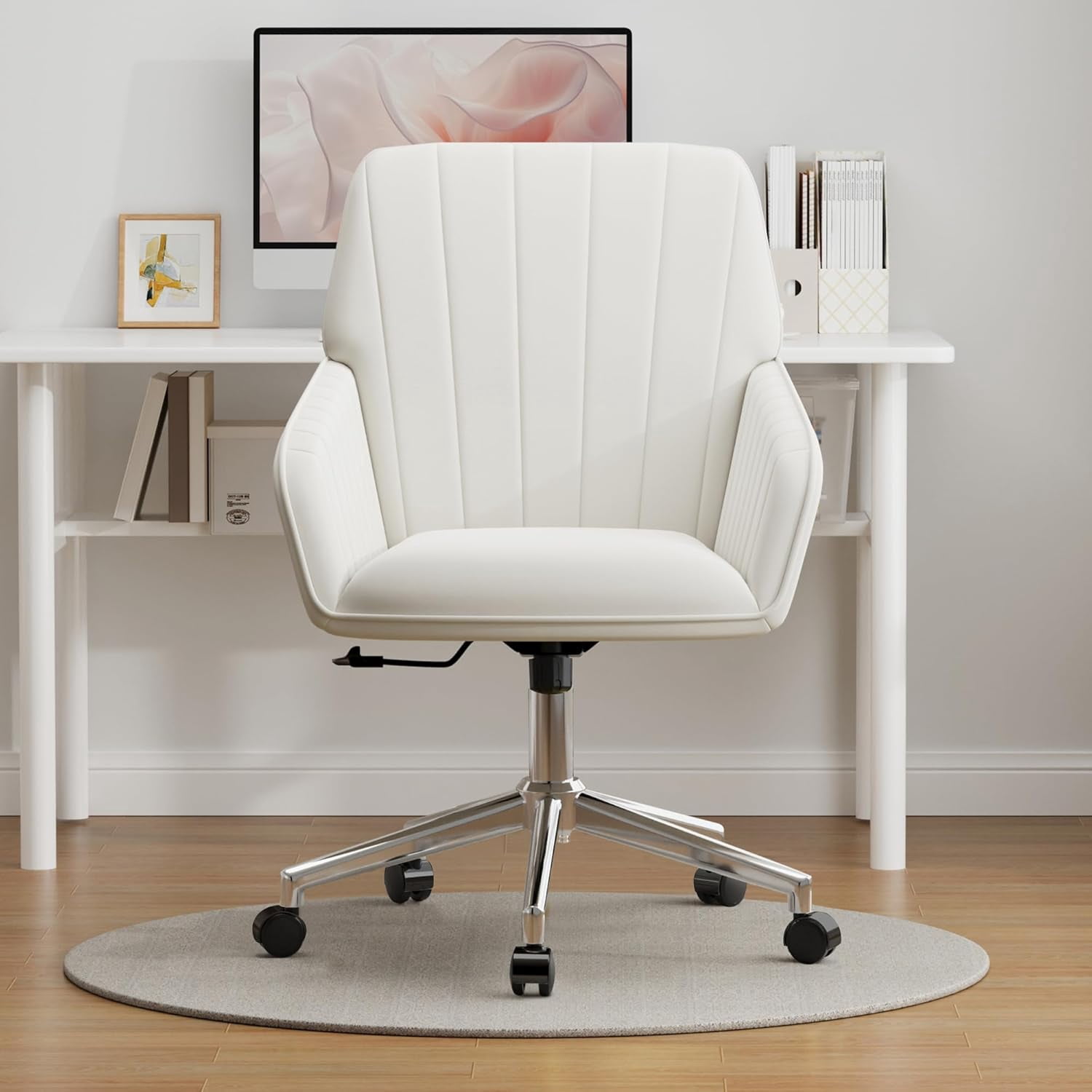 YWEN Velvet Office Desk Chair with Silver Base, with Wheels,Modern Height Adjustable 360 Degree Swivel Upholstered Vanity Chairs with Arms for Living Room Bedroom,Cream