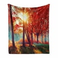 thumbnail image 1 of Tree Soft Flannel Fleece Blanket, Autumnal Foggy Park Fall Nature Scenic Scenery Woods of Maple Trees Sunbeams, Cozy Plush for Indoor and Outdoor Use, 70" x 90", Orange Yellow Teal, by Ambesonne, 1 of 6