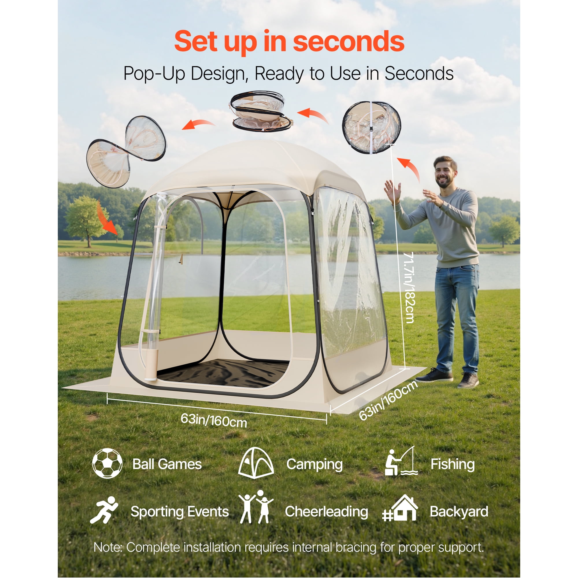 KFFKFF Pop-Up Sports Tent, 63x63 in Clear Outdoor Shelter for 2-4 People, Waterproof Pod with Floor Mat & Top Cover, Garden Dome Tent for Camping, Events, Fishing, and Outdoor Activities