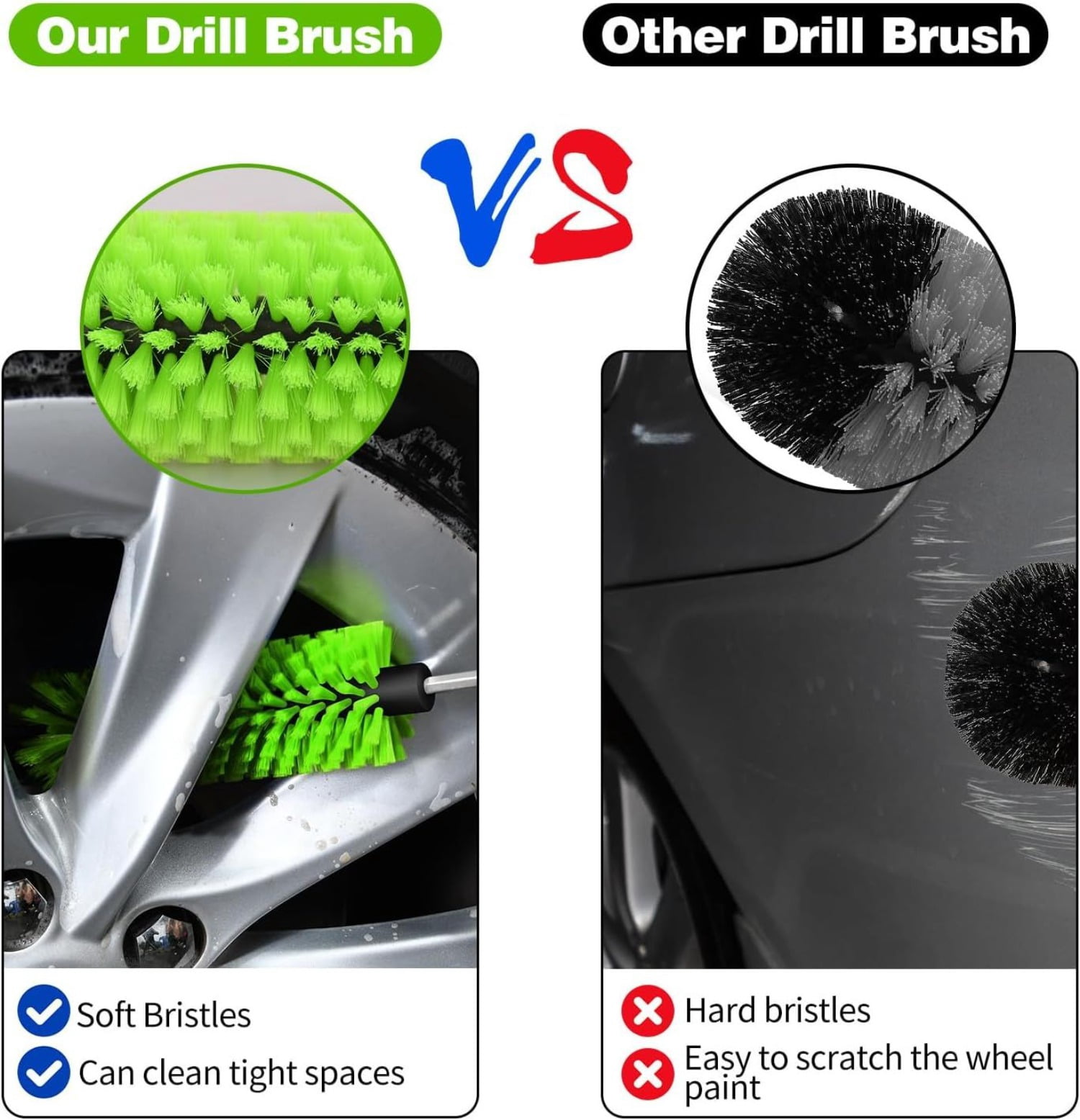 Green Drill Brush for Car Wheel and Bottle High Density Nylon Cleaning Brush for Wheels Rims Engines Exhaust