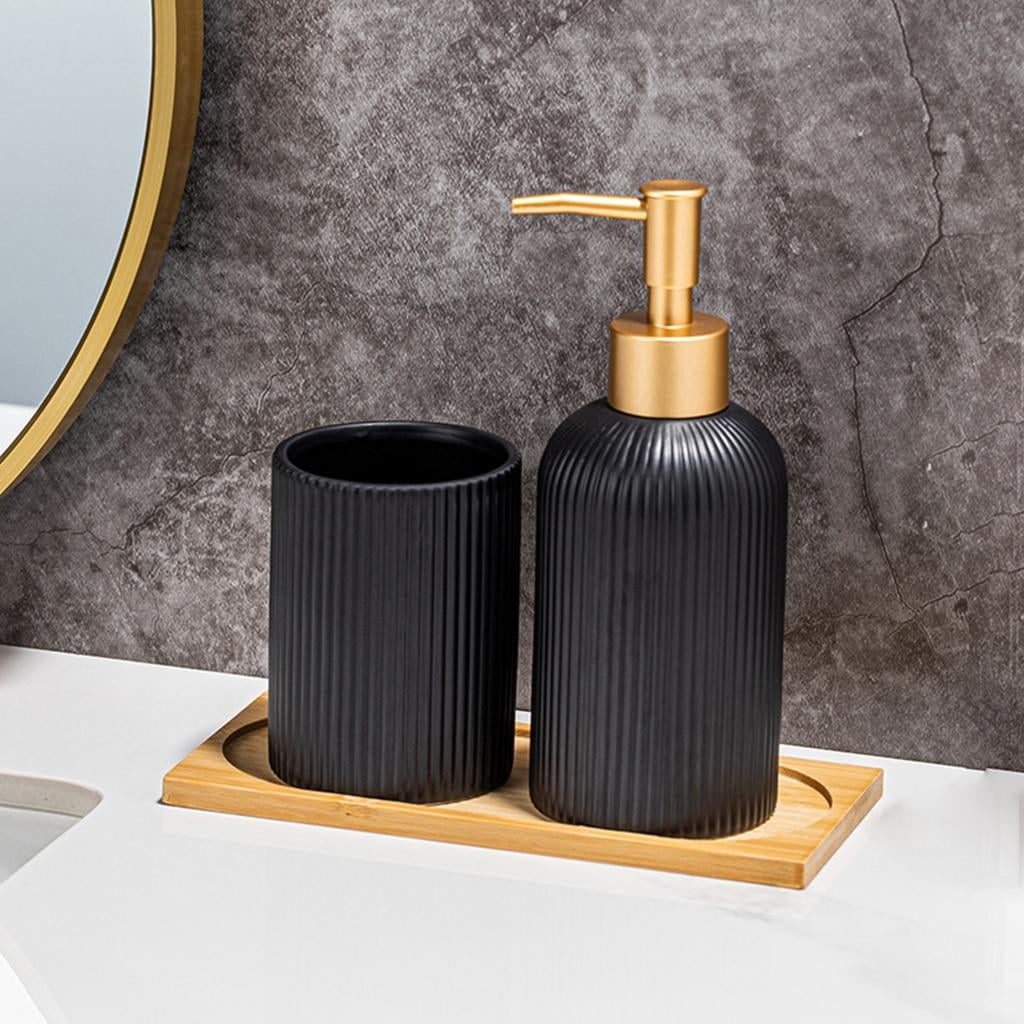 YIEMEEN Set of 3 Ceramic Soap Dispenser Set with Wood Storage Tray and Toothbrush Cup