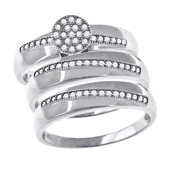 925 Sterling Silver His and Hers Cubic Zirconia Round Head Trio Ring Set Size 7 Ring for Women