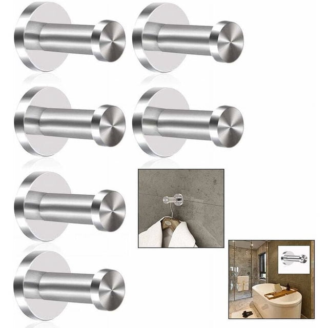 6 ganchos de pared para albornoces, ganchos de acero inoxidable cepillado para baño, ganchos de pared para albornoces, acabado cromado, base redonda