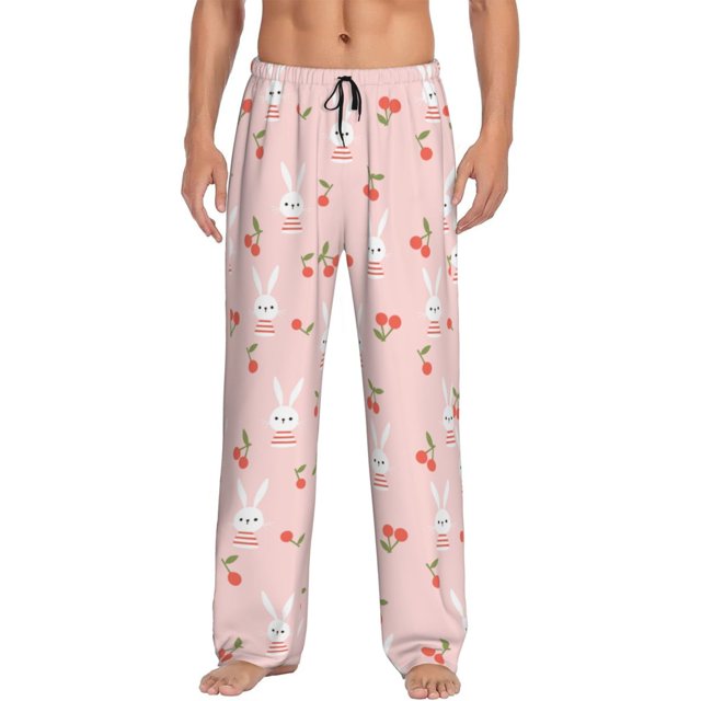 Xecao Rabbit And Cherry for Men's Pajama Pants Long Lounge Pants with Drawstring Waistband and Pockets Comfortable Sleepwear for Home Relaxation-Medium