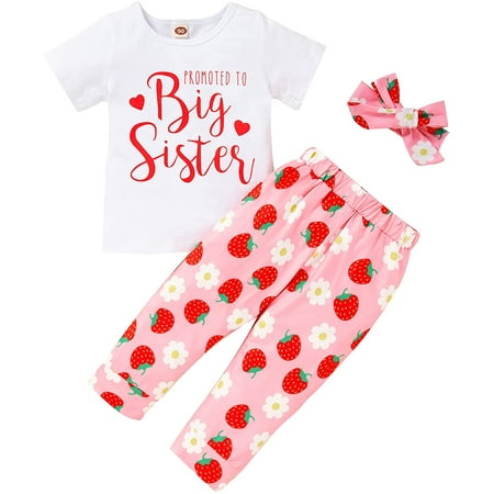 

ZOELNIC Toddler Infant Kids Baby Girl Promoted To Big Sister Clothes Short Sleeve Top+Strawberry Pants+Headband 3Pcs Outfits 4-5 Years