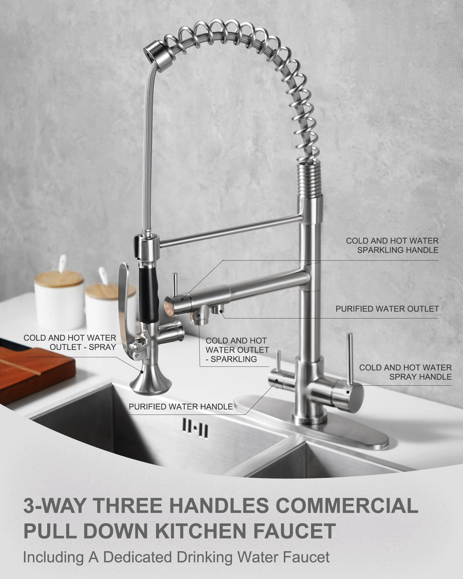 WOWOW Double-Handles Pull Down Sprayer Kitchen Faucet with Drinking Water for 1 or 3 Hole in Solid Brass in Brushed Nickel