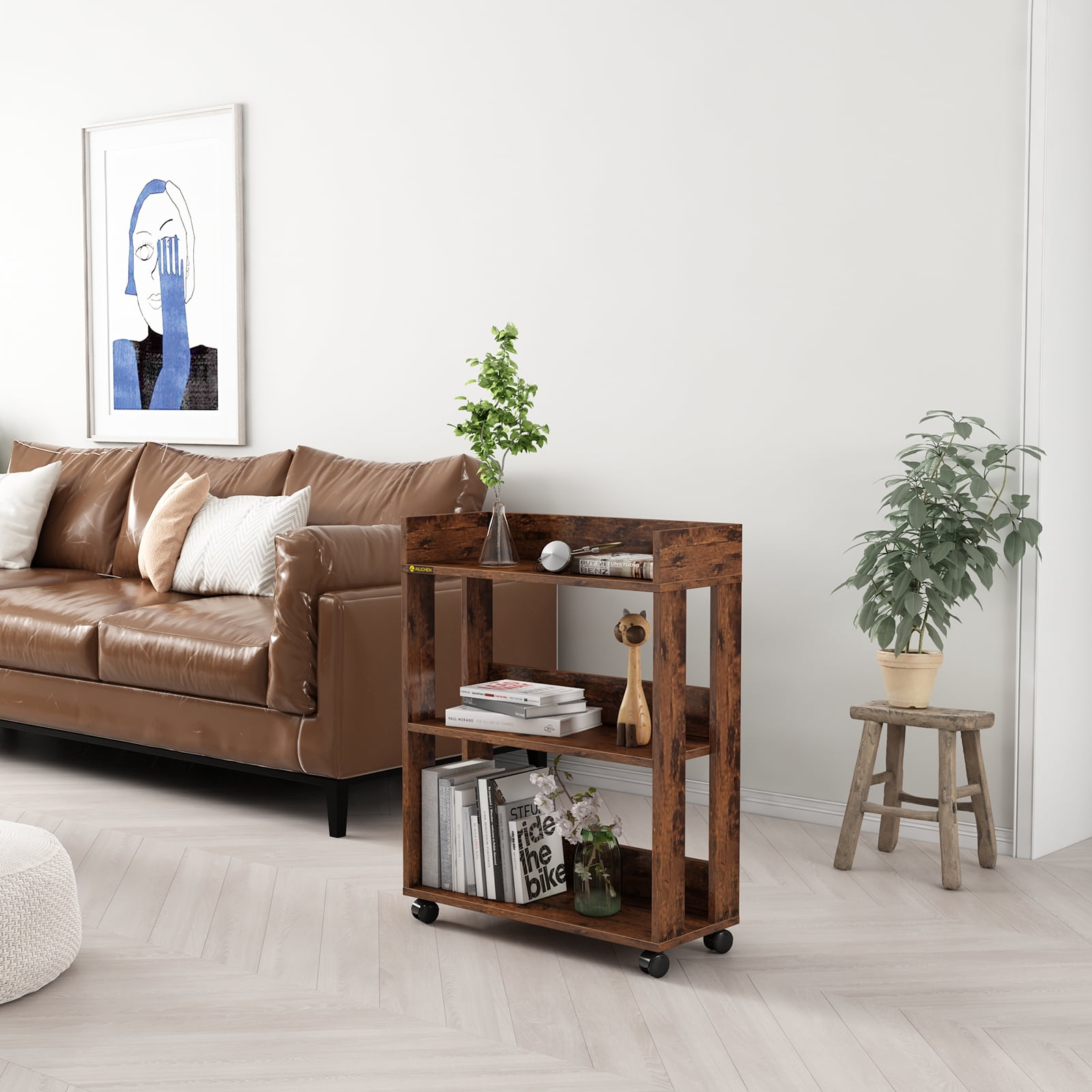 ALISENED 3 Tier Bookshelf and Bookcase with Wheels, Wood Small Nightstand, End Table Storage Rack