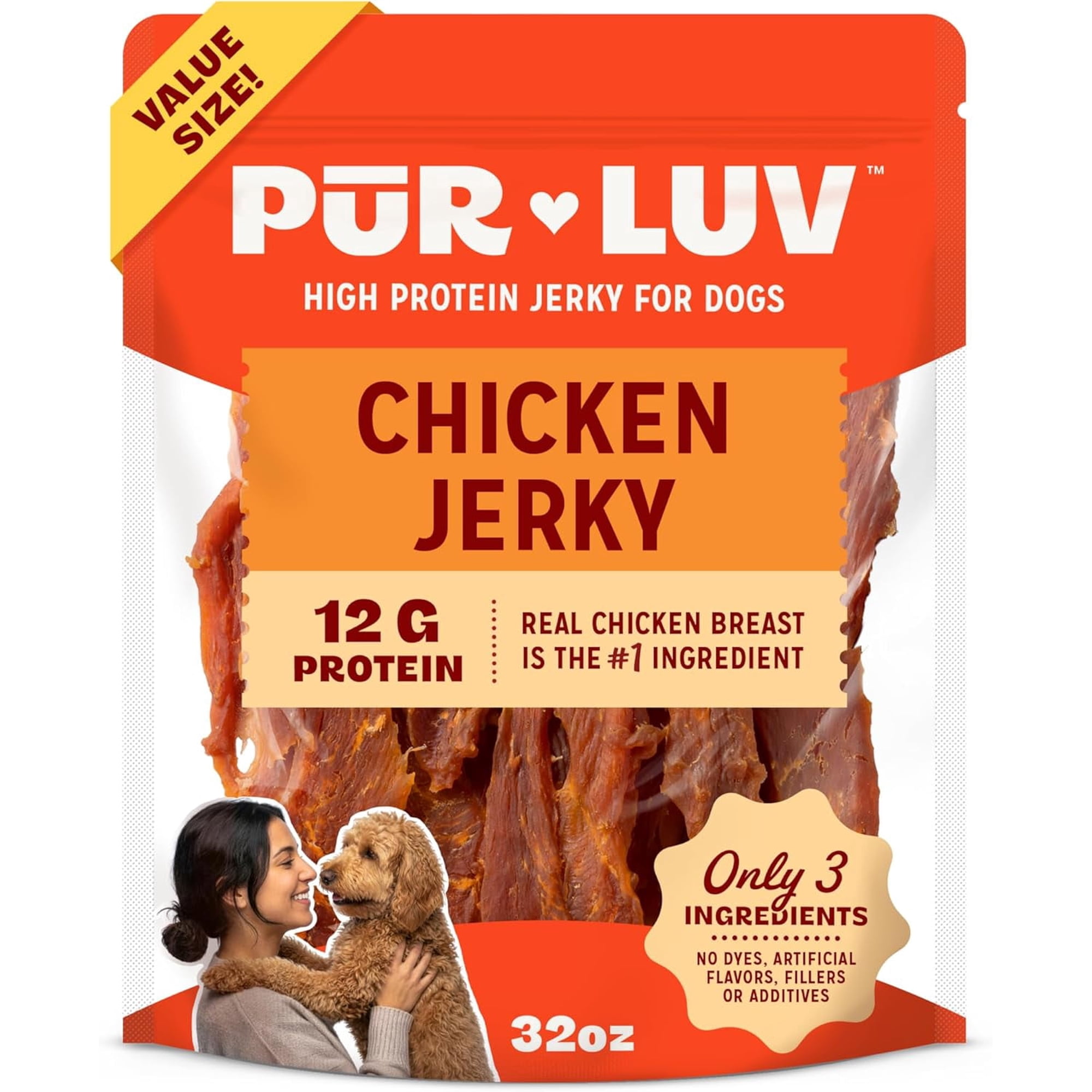 Pur Luv Chicken Jerky Dog Treats for Dogs, Rawhide-Free, Made with Real Chicken Breast, Healthy, Long-Lasting and Great Tasting Treat, No Artificial Flavors, Satisfies Dog's Urge to Chew, 32 oz