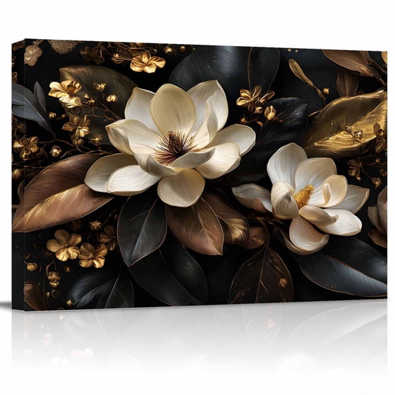 Magnolia Blossoms Canvas Print Wall Art Vintage Floral Gold Black Branches Pictures Painting Morden Artwork for Living Room Bedroom, Ready to Hang - 12"x16"