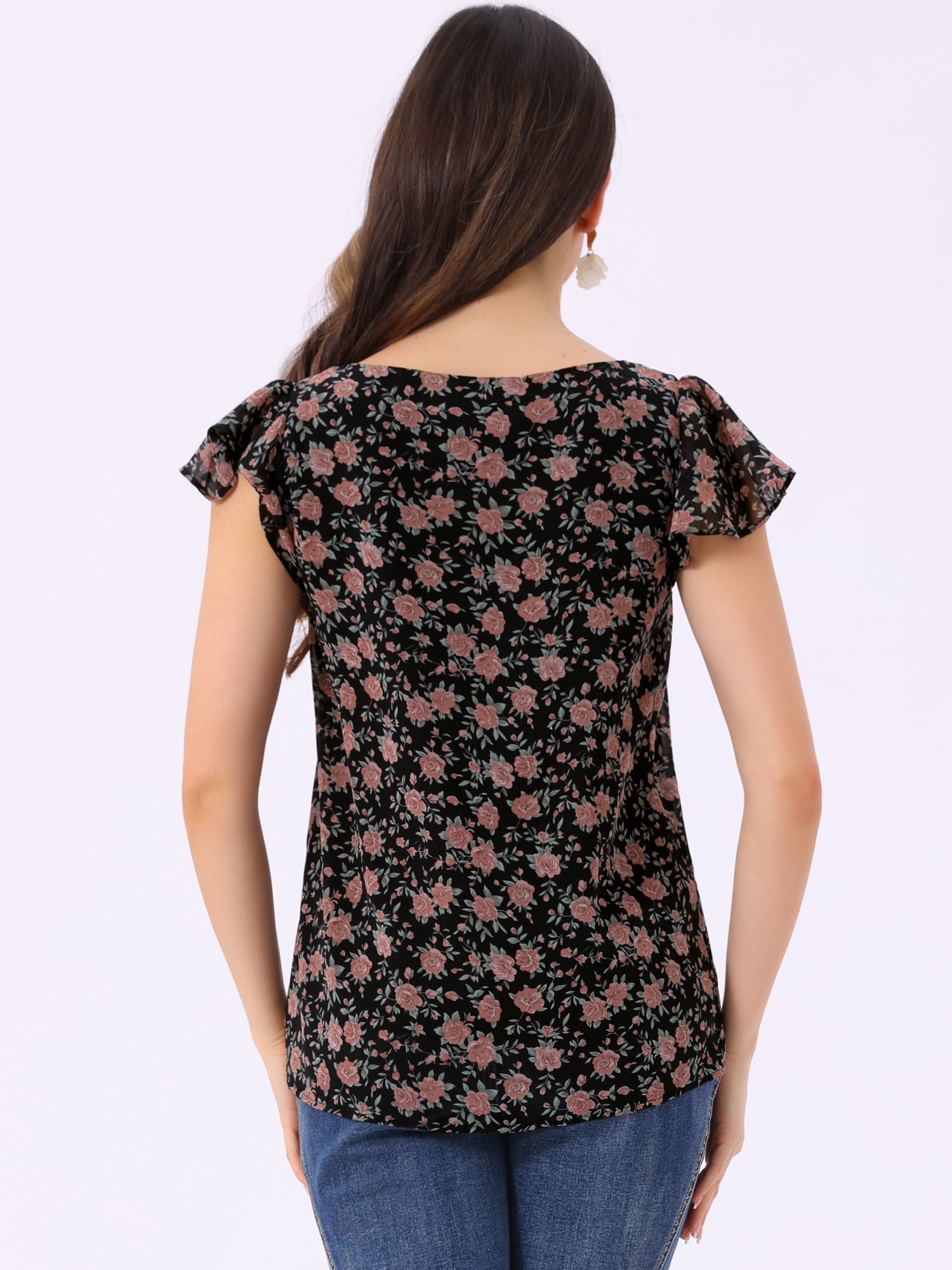 DARING DIVA Women's Floral Ruffle Sleeve Chiffon Blouse Top M Rose Pink Black