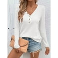 thumbnail image 2 of Women'S Long Sleeve Waffle Knit Shirts Dressy Casual Loose Button Up V Neck Henley Tops Fall Basic Tee Blouse White XXL, 2 of 5
