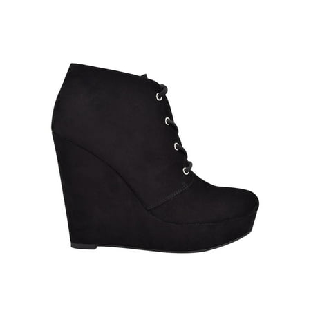 

GBG Womens Black Almond Toe Wedge Lace-Up Dress Booties 6