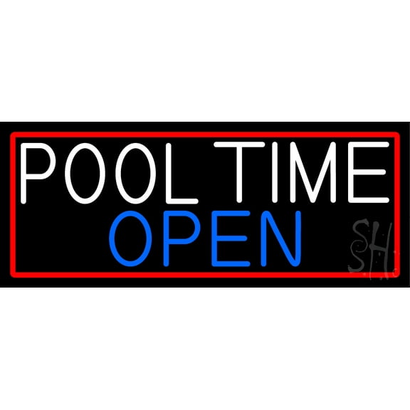 Pool Time Open With Red Border LED Neon Sign 10 x 24 - inches, Clear Edge Cut Acrylic Backing, with Dimmer - Bright and Premium built indoor LED Neon Sign for Bar decor.