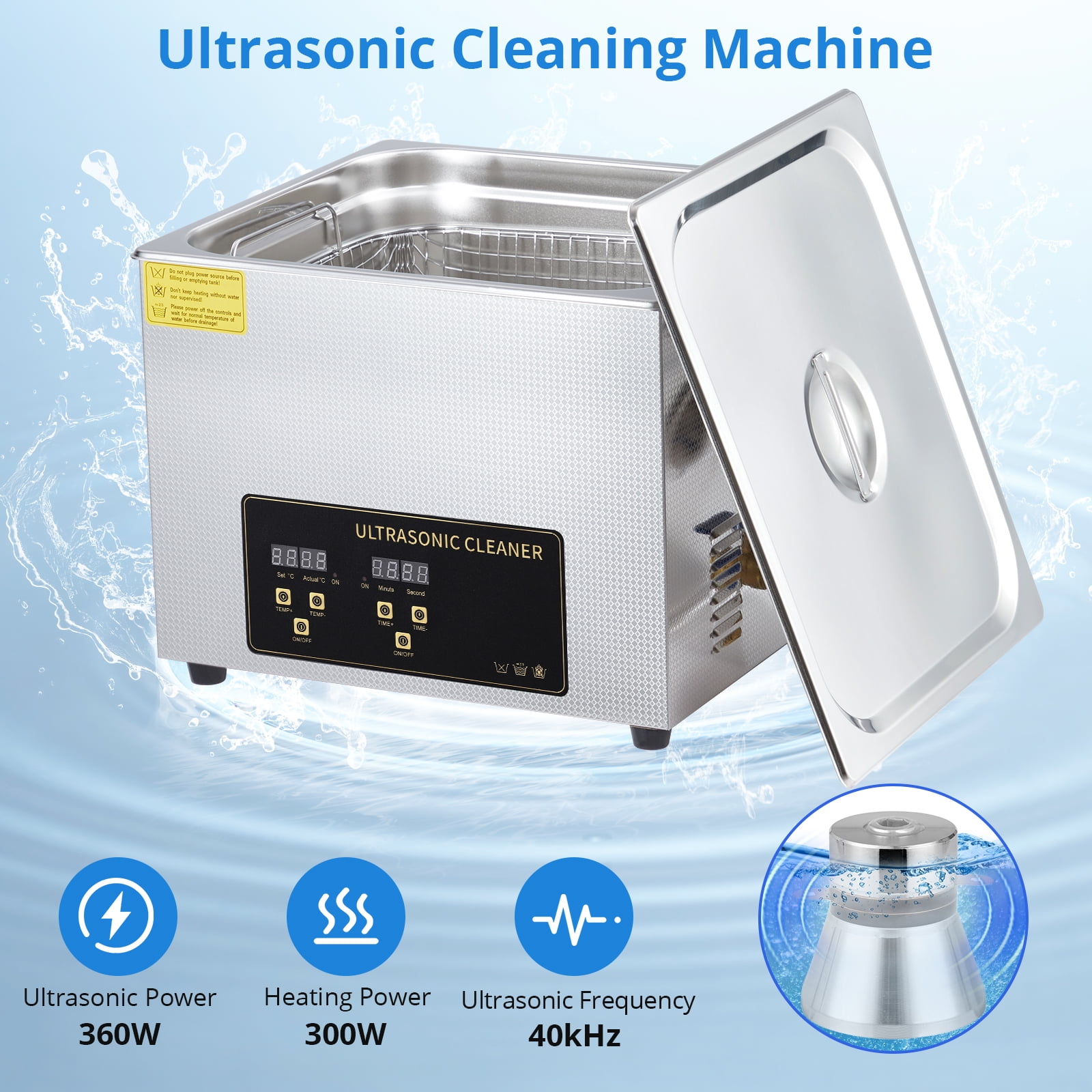 JustSmart 15L Commercial Ultrasonic Cleaner. Stainless Steel Parts Washer with Heater and Digital Timer. 360W 40kHz Ultrasonic Cleaning Machine with Black Control Panel for Auto Parts. Lab & Jew
