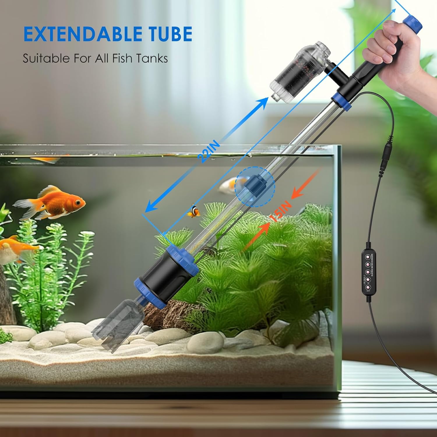Tawatiler Electric Aquarium Vacuum Gravel Cleaner, 48W Fish Tank Cleaner Vacuum with Strong Suction for Water Change Wash Sand Algae Cleaner Water Shower and Water Circulation, Timed Off