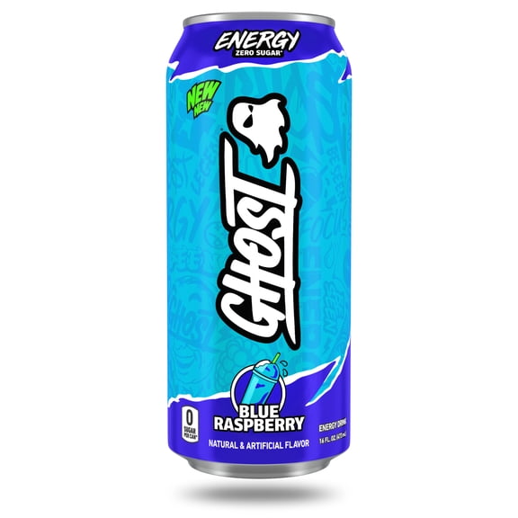 GHOST® ENERGY Zero Sugars Energy Drink, Blue Raspberry, 200mg Natural Caffeine, 16 fl oz, Can