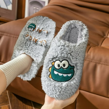 

NEGJ Men Slippers Autumn And Winter Fashion Comfortable Warm Cute Dinosaur Cartoon Solid Color Indoor