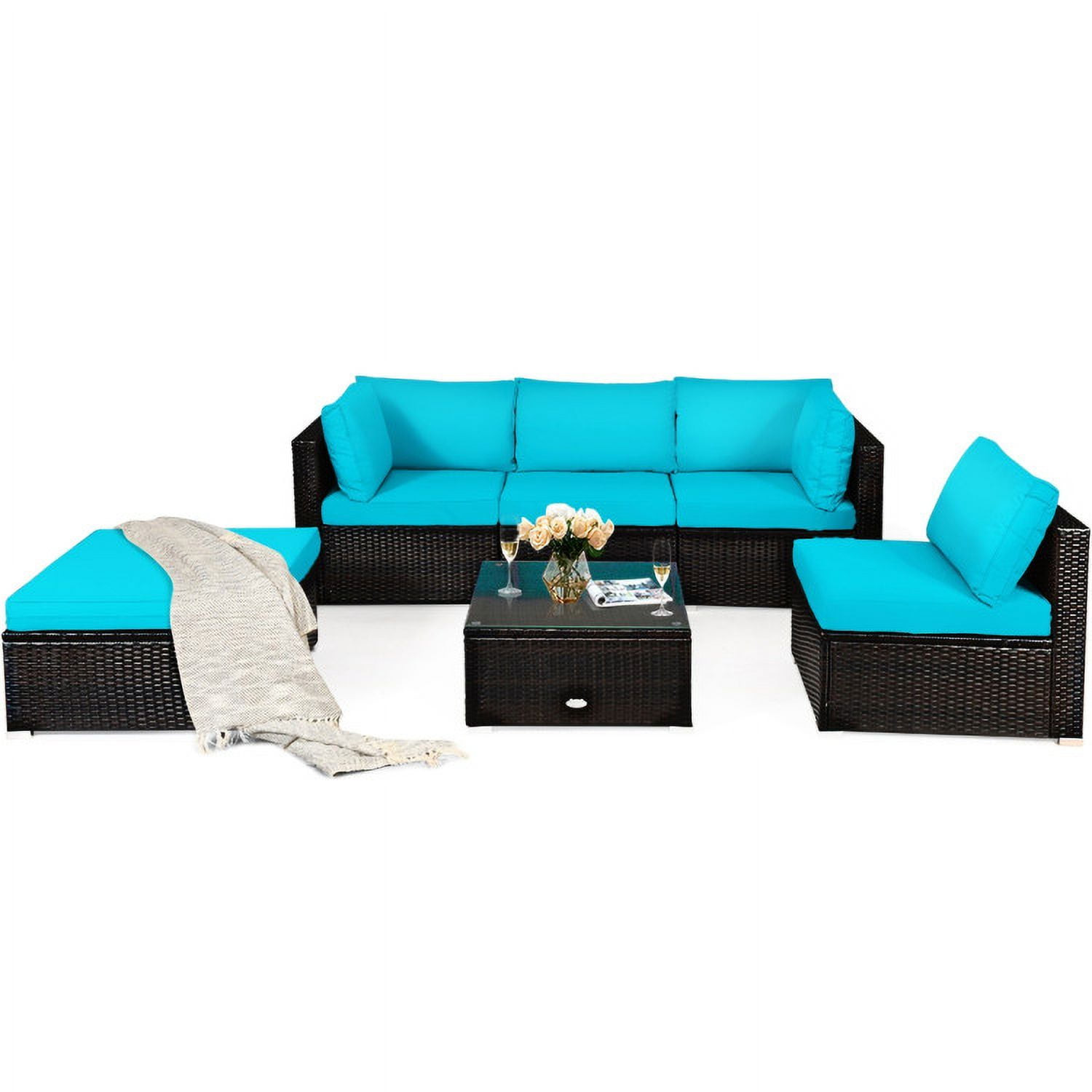 Aimee Lii 6 Pieces Outdoor Patio Rattan Furniture Set Sofa Ottoman, Outdoor Deck Furniture, Turquoise