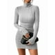 thumbnail image 2 of Vestido Tipo Suéter de Punto Acanalado para Mujer, de Larga, Fruncido, Ajustado, con Cuello Alto y Cintura Alta Gris L, 2 of 9