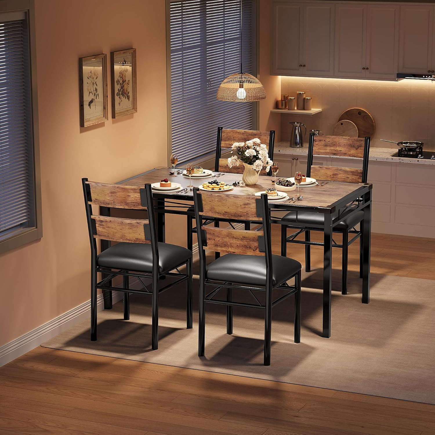 Garvee 5-Piece Dining Set for 4 with Table and 4 Upholstered Chairs, Includes Corner Protector for Small Spaces, Apartment, and Dining Room