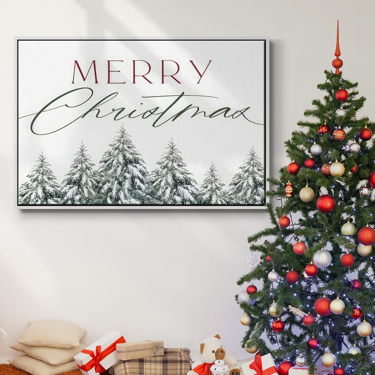 Merry Christmas Trees - Framed Gallery Wrapped Holiday Canvas - 27 x 41 - White Frame