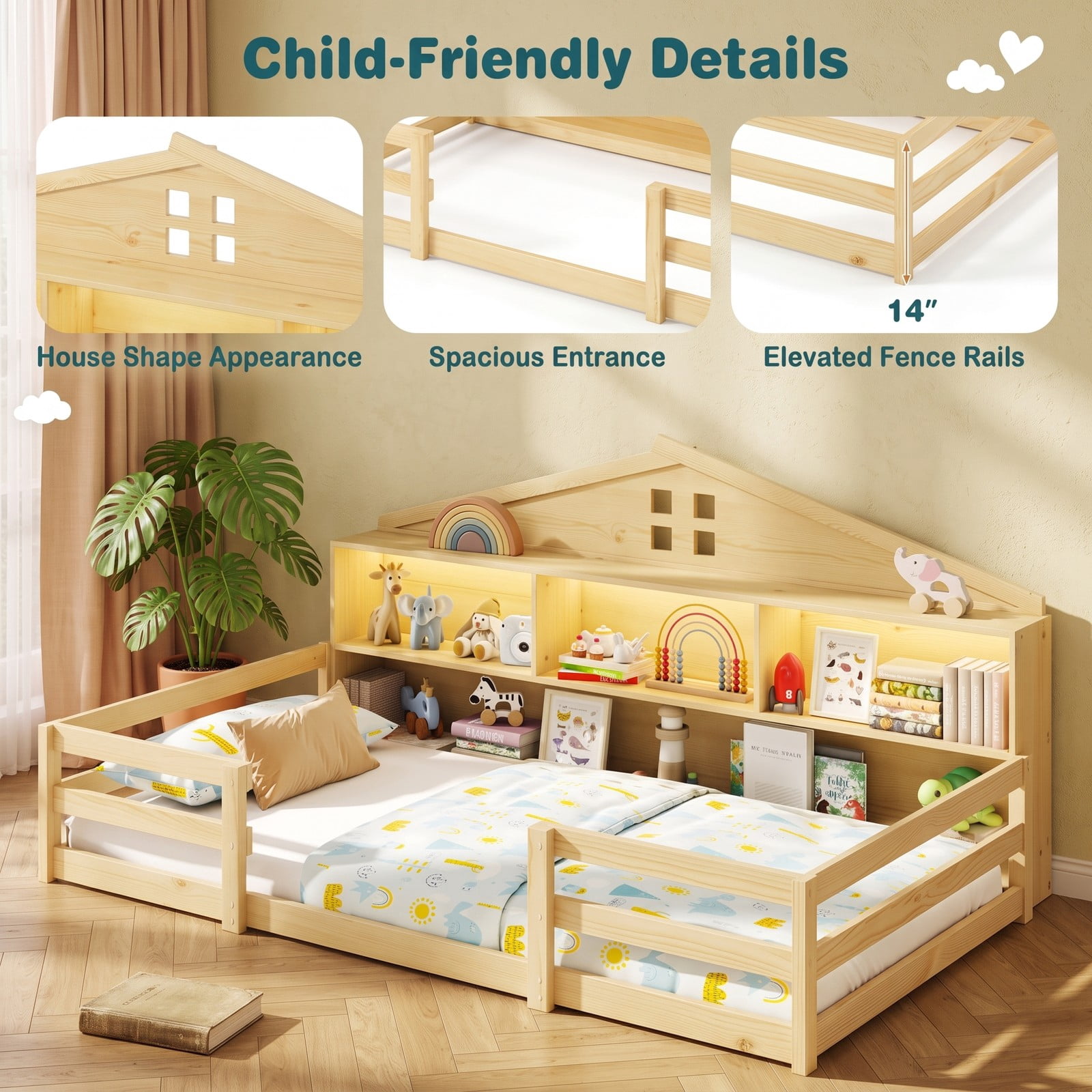 Furnibear Twin Bed Frame Montessori Floor Bed for Kids, House Bed with Headboard Storage and Open Shelf, Low Wood Twin Bed Frame for Bedroom, Natural