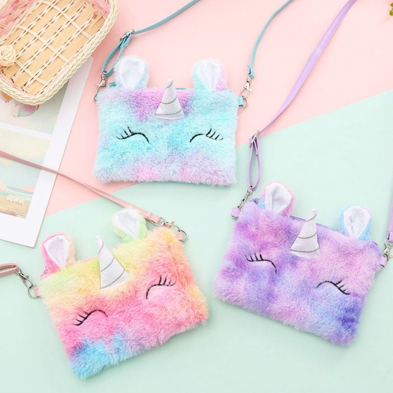SJENERT Girls Rainbow Unicorn Soft Plush Handbag Tie Crossbody Dye Bag(Pink)  