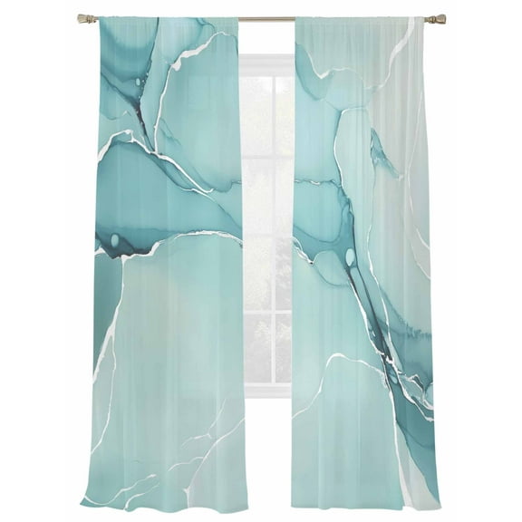 Turquoise Sheer Curtains 108 Inch Length 2 Panels Set, Semi Transparent Voile Rod Pocket Curtains for Living Dining Room Bedroom Drapes Modern Marble Ink Painting Abstract Art