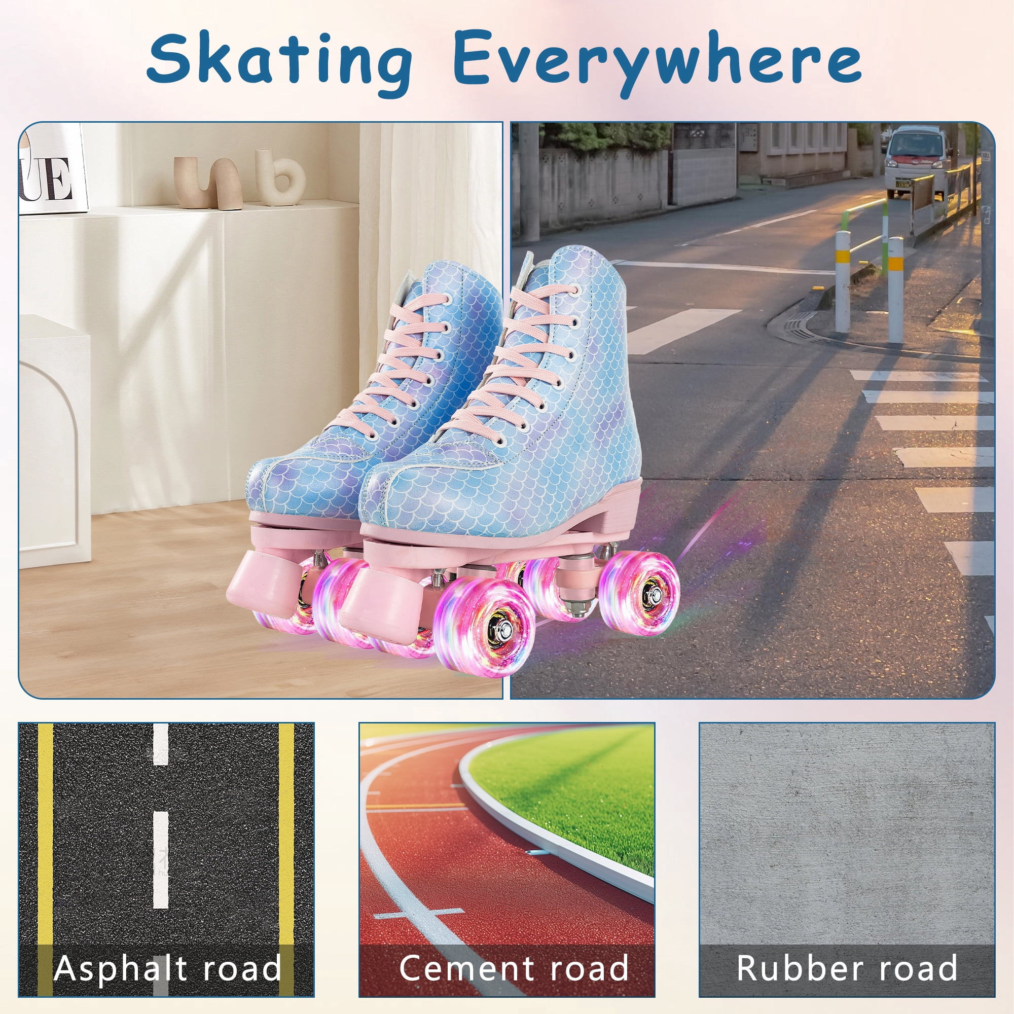 YYW Teen Kids Roller Skates,Light-up-Wheel Double Row Quad Skate for Beginner Adult,Blue(Women 7.5/Men 6)
