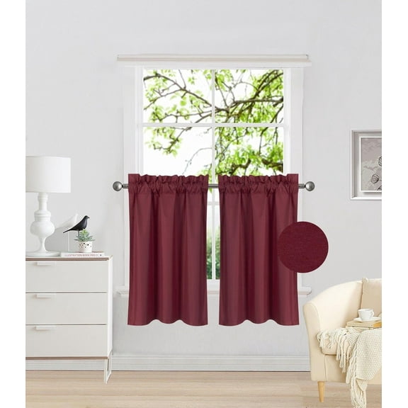 RS5 1-Set Burgundy Rod Pocket Silky Window Curtain Lined Blackout, Two (2) Panels 30"X 36" Each