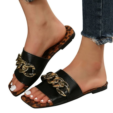 

ZIZOCWA Flat Slippers for Women Summer Square Open Toe Breathable Slippers Flip Flops Fashion Metal Chain Pu Leather Slides Sandals Black Size7