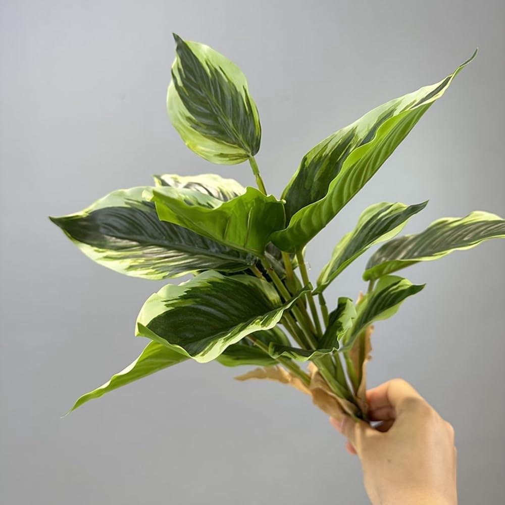 NOGIS 4Pack Variegated Hosta Artificial Plant 17.7" Faux Green Dieffenbachia Plant Greenery Aesthetic House Plants Outdoor Shrubs Indoor Office Yard UV Resistant Planter Filler