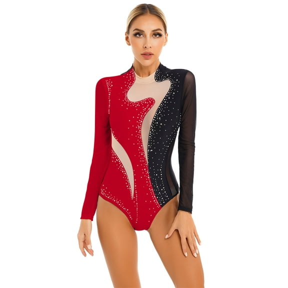 iEFiEL Womens Rhinestones Mesh Long Sleeve Gymnastics Acrobatics Dance Leotard Costume