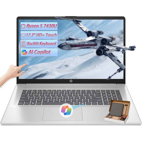HP 17 inch Business Laptops, 17.3" HD  TouchScreen Anti-Glare Display, AMD Ryzen 5 7430U, 8GB RAM, 512GB SSD, Windows 11 Pro, Wi-Fi 6, Backlit Keyboard, w/Accessories