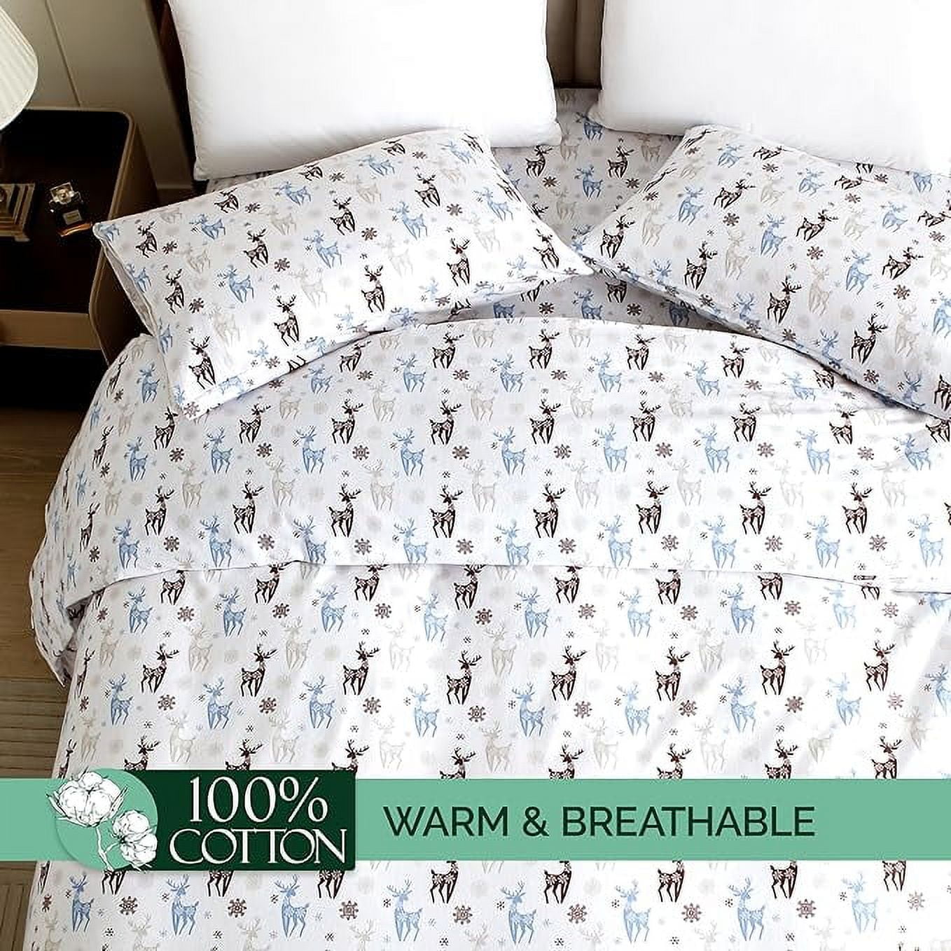 Elegant Comfort - 4 PIECE Holiday Christmas Flannel Cotton Sheet Set, Deep Pocket Fitted - Twin XL, Brown Deer