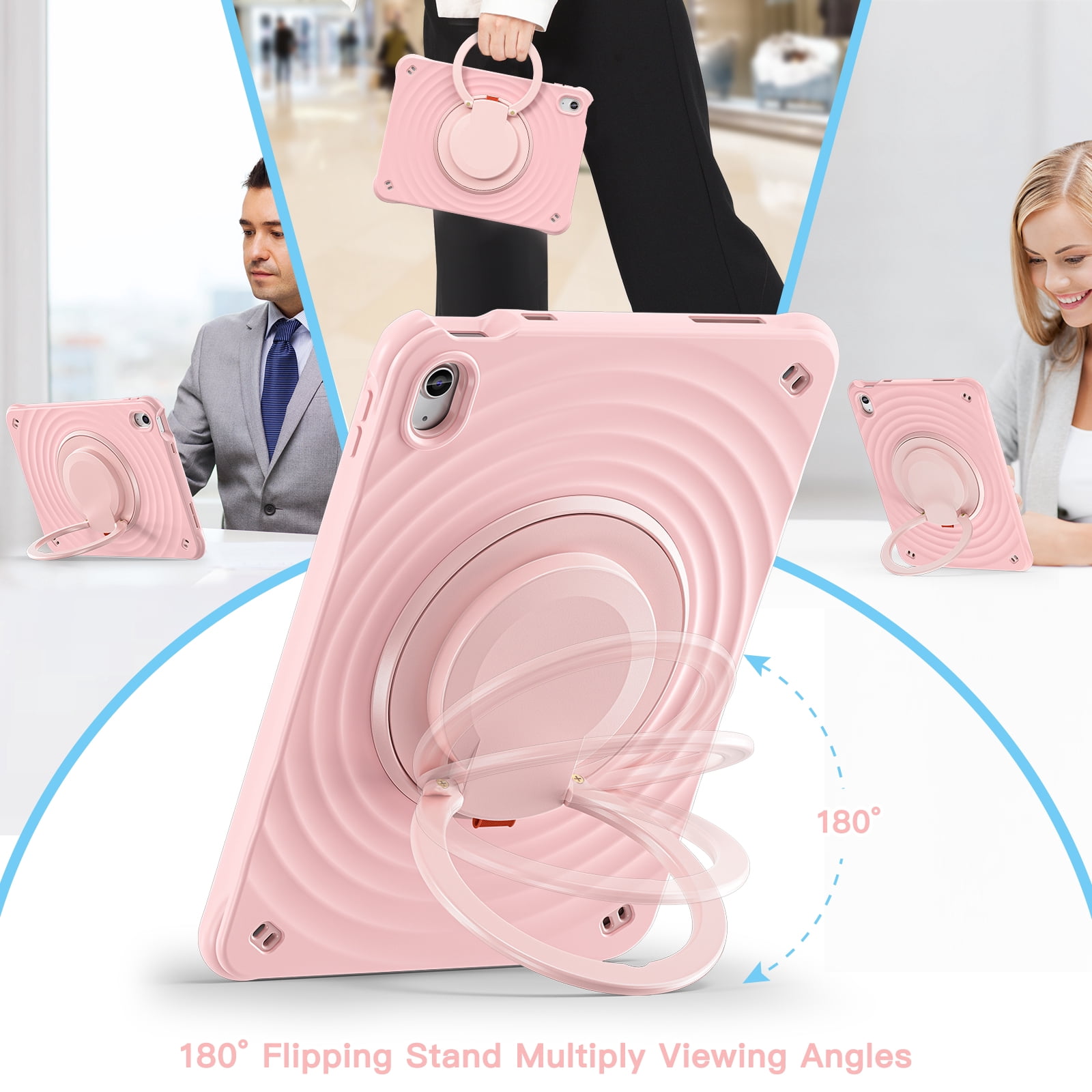 ELEHOLD Case for Apple iPad 10th Gen, Portable Hybrid Shockproof iPad Case with Pencil Holder & Hanging Ring Handle Rotatable Kickstand,Pink