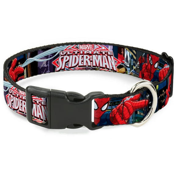 Marvel Comics Pet Collar, Dog Collar Plastic Buckle, The Ultimate Spider Man Swinging City Poses, 7 to 8.5 Inches 0.5 Inch Wide
